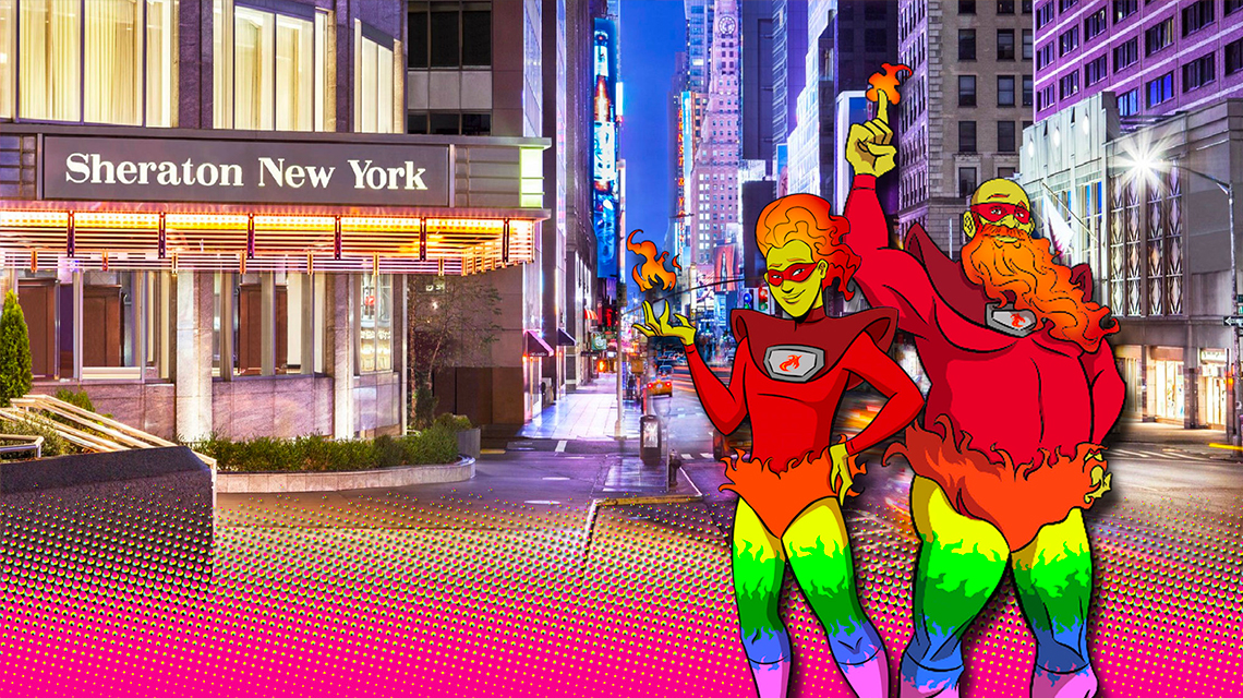 Nonbinary and Bear Flamie in front of the Sheraton Times Square building