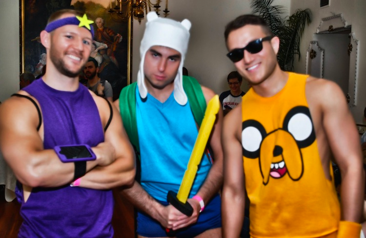 Cosplayers dressed as Adventure Time's Lumpy Space Princess, Finn the Human, and Jake the Dog.