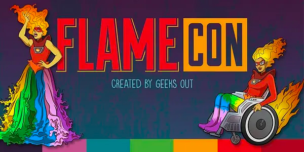Two Flamie mascots surrounding the Flame Con logo