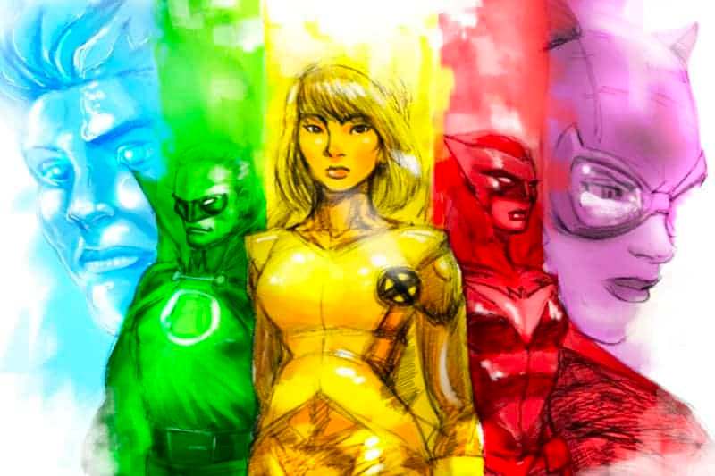 Several comic super heroes shown in monotones to simulate a rainbow.