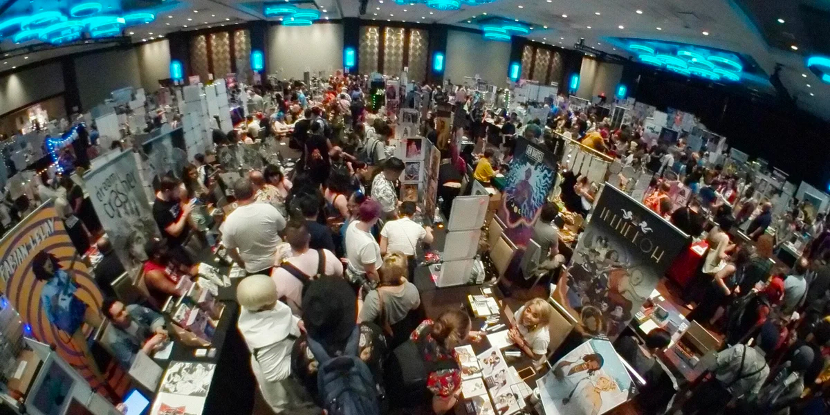 The crowd on the Flame Con show floor, seen from above.