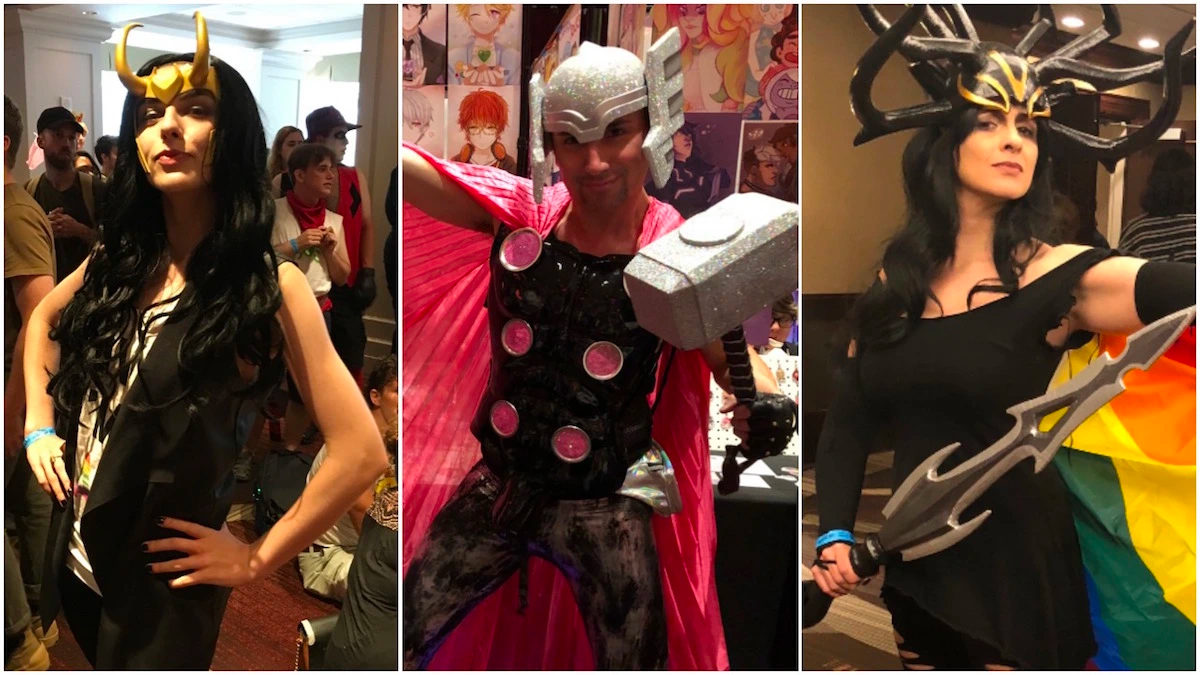 Cosplayers dressed as Loki, Thor, and Hela.