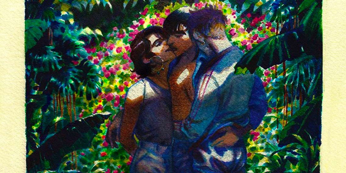 Three male figures kissing and embracing one another.