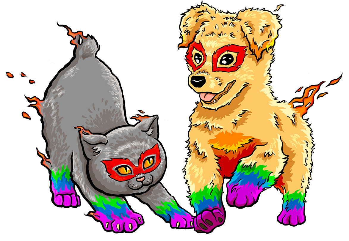 Campfire-mascots On the left is a gray cat with fire effects coming off its fur. It has rainbow stripes around its paws and red markings around its eyes that look like a mask. It has a stubby tail and is in a playful pouncing pose. On the right is a blonde puppy with fire effects coming off its fur. It has rainbow stripes around its paws and red markings around its eyes that look like a mask. It has a stubby tail and is in a playful pose with one paw up.