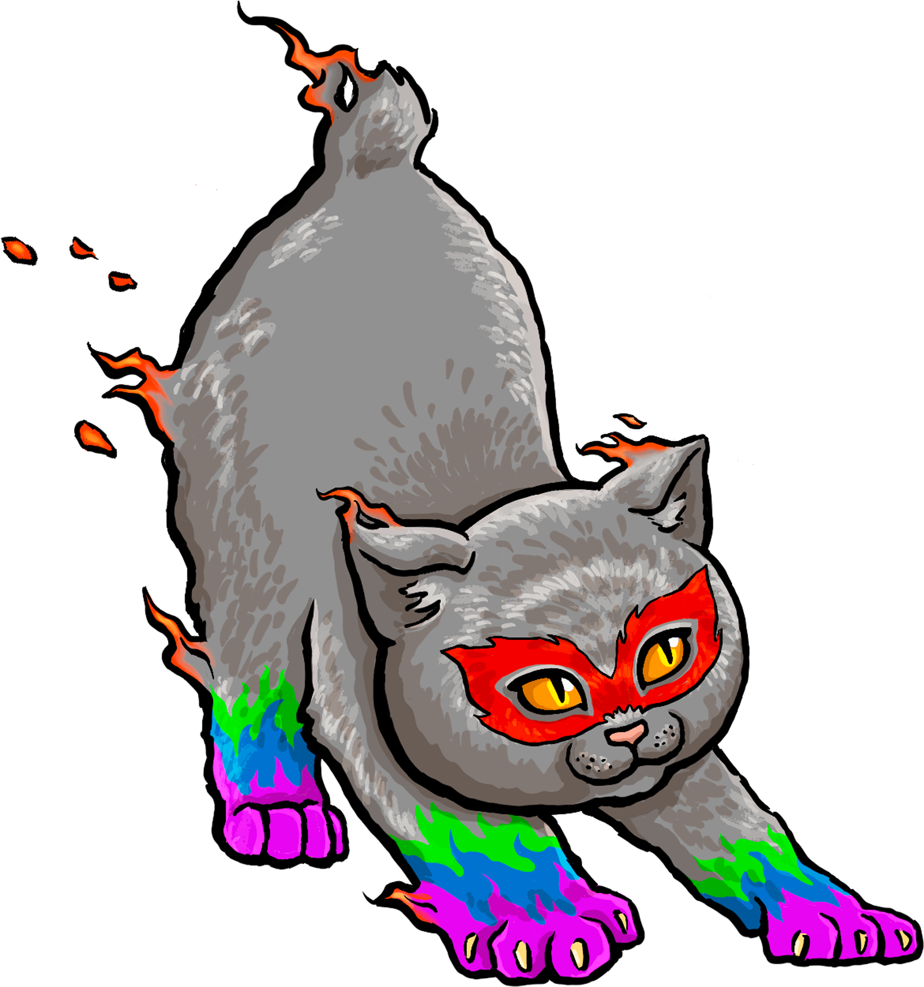 Coal A gray cat with fire effects coming off its fur. It has rainbow stripes around its paws and red markings around its eyes that look like a mask. It has a stubby tail and is in a playful pouncing pose.