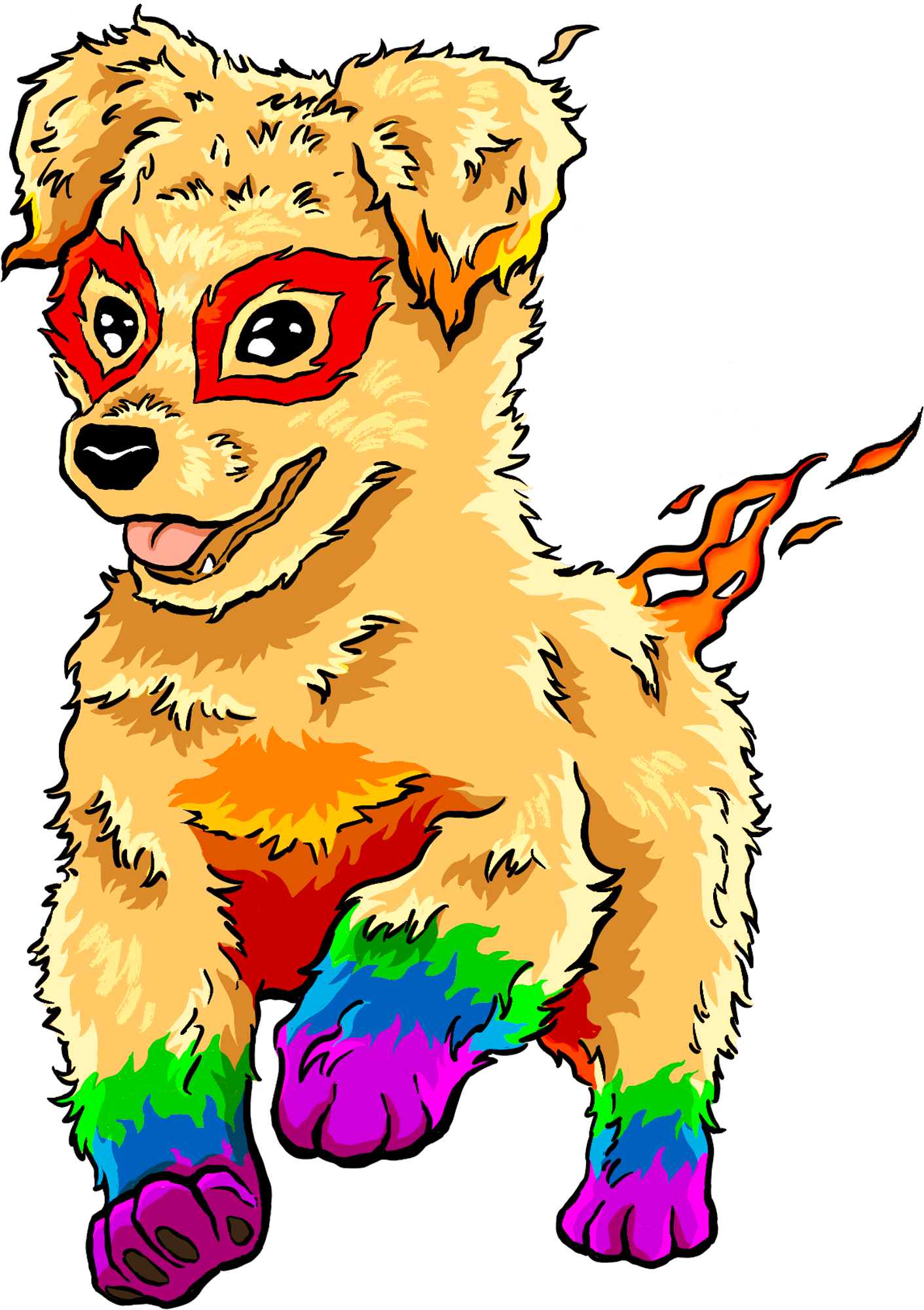 Ember A blonde puppy with fire effects coming off its fur. It has rainbow stripes around its paws and red markings around its eyes that look like a mask. It has a stubby tail and is in a playful pose with one paw up.