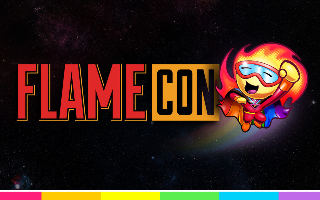 Flame Con logo with Flamie Mascot in front of a scene of outer space.