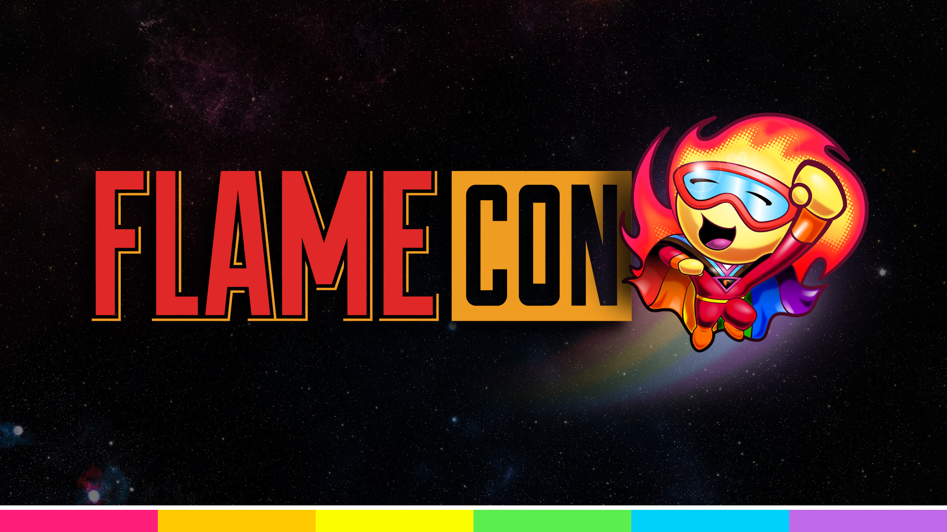 Flame Con logo with Flamie Mascot in front of a scene of outer space.